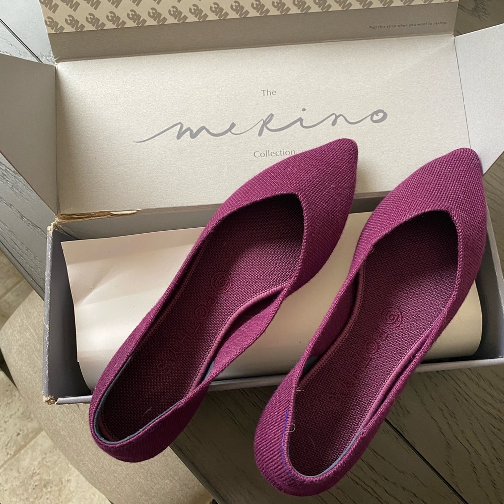 Rothy’s Merino Aubergine Point, fits like a 7.5